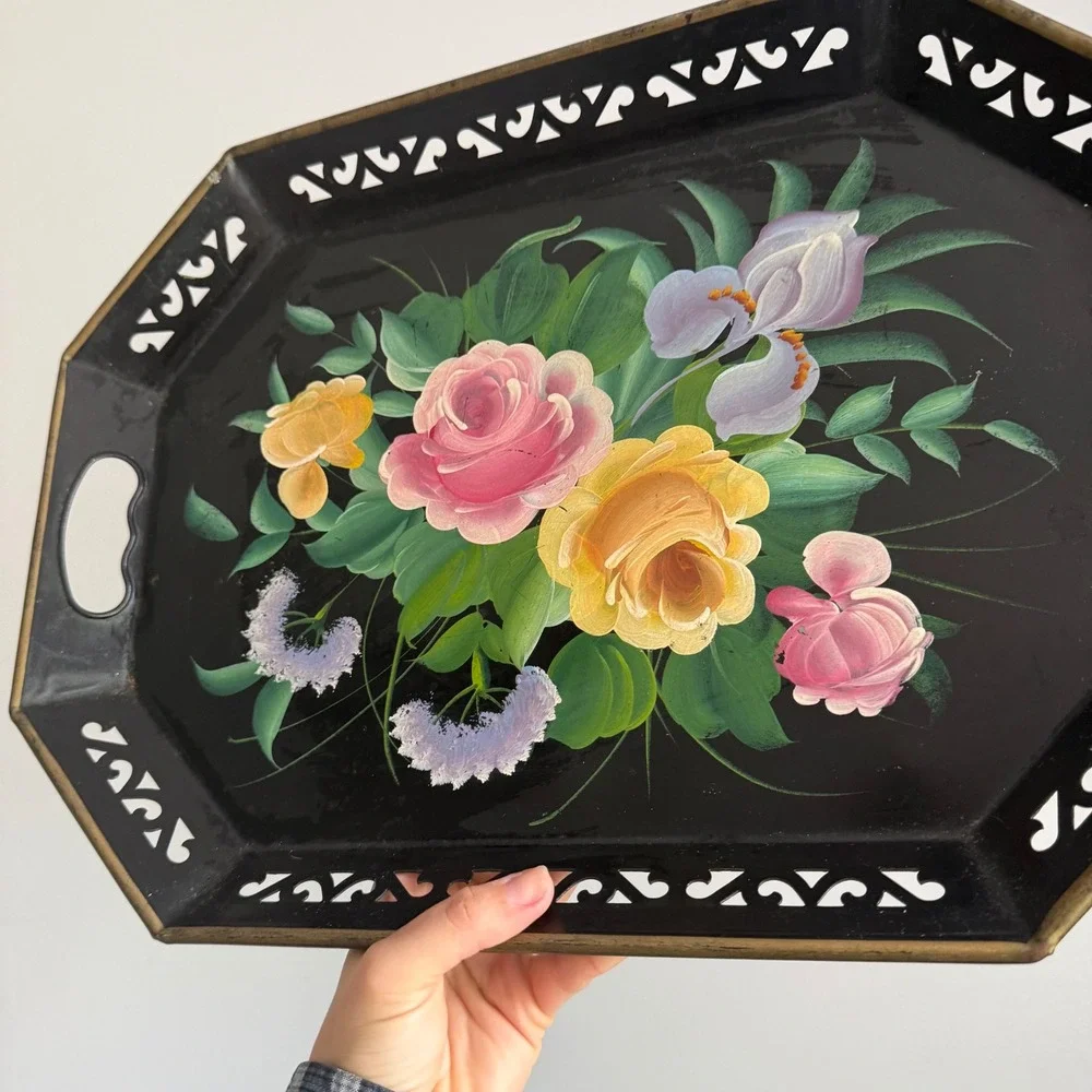 Vintage Toleware Hand Painted Floral Metal Serving Tray Black Gold Pierced Edge